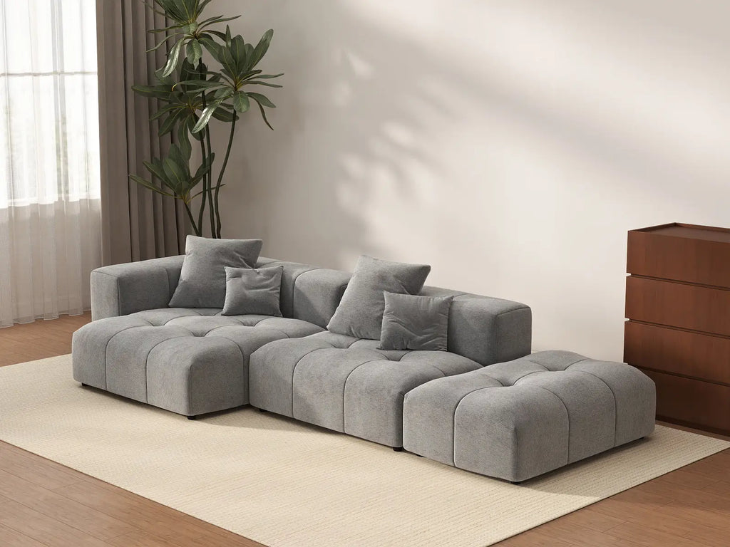 Matrix 2-Seater Light-Grey Chaise Sectional | 3-Piece (Includes 1 Ottoman), Linen Fabric, Lounge Room Seating