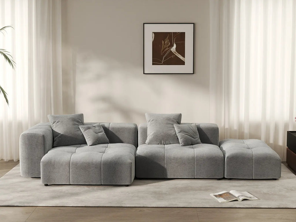 Matrix 2-Seater Light-Grey Chaise Sectional | 3-Piece (Includes 1 Ottoman), Linen Fabric, Lounge Room Seating