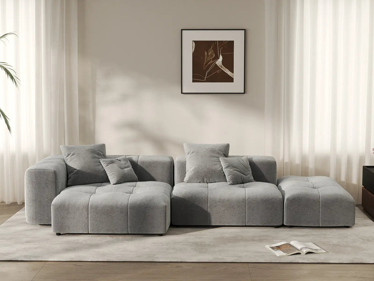 Matrix 2-Seater Light-Grey Chaise Sectional | 3-Piece (Includes 1 Ottoman), Linen Fabric, Lounge Room Seating