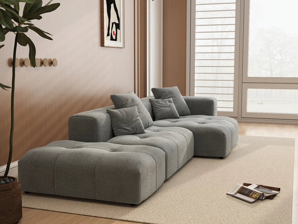 Matrix 2-Seater Light-Grey Chaise Sectional | 3-Piece (Includes 1 Ottoman), Linen Fabric, Lounge Room Seating
