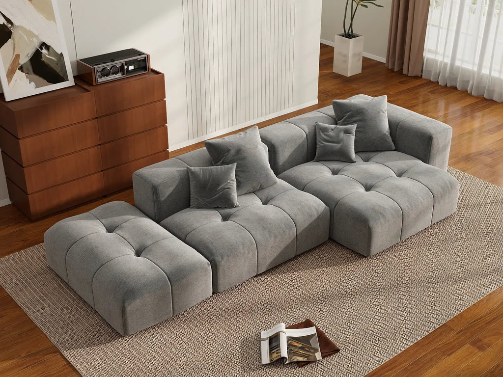 Matrix 2-Seater Light-Grey Chaise Sectional | 3-Piece (Includes 1 Ottoman), Linen Fabric, Lounge Room Seating
