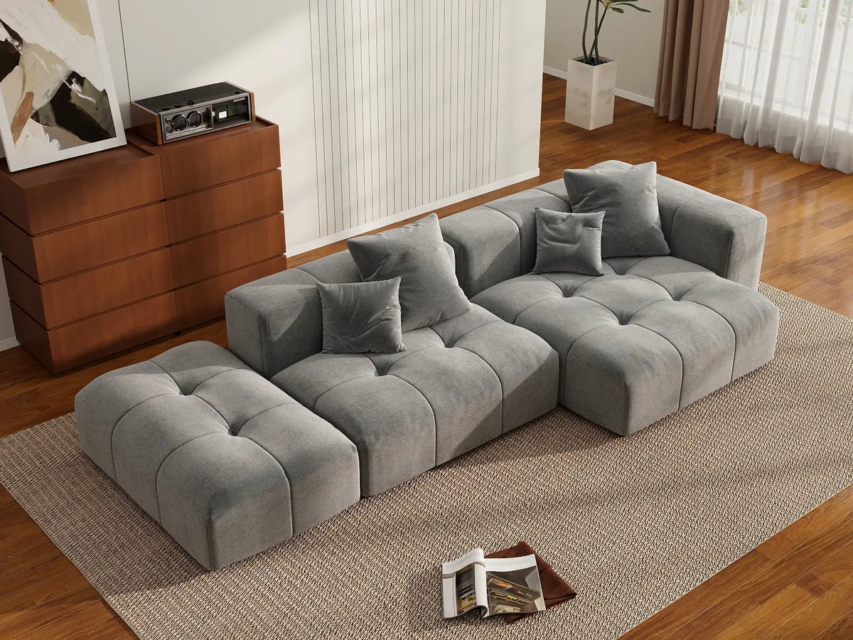 Matrix 2-Seater Light-Grey Chaise Sectional | 3-Piece (Includes 1 Ottoman), Linen Fabric, Lounge Room Seating