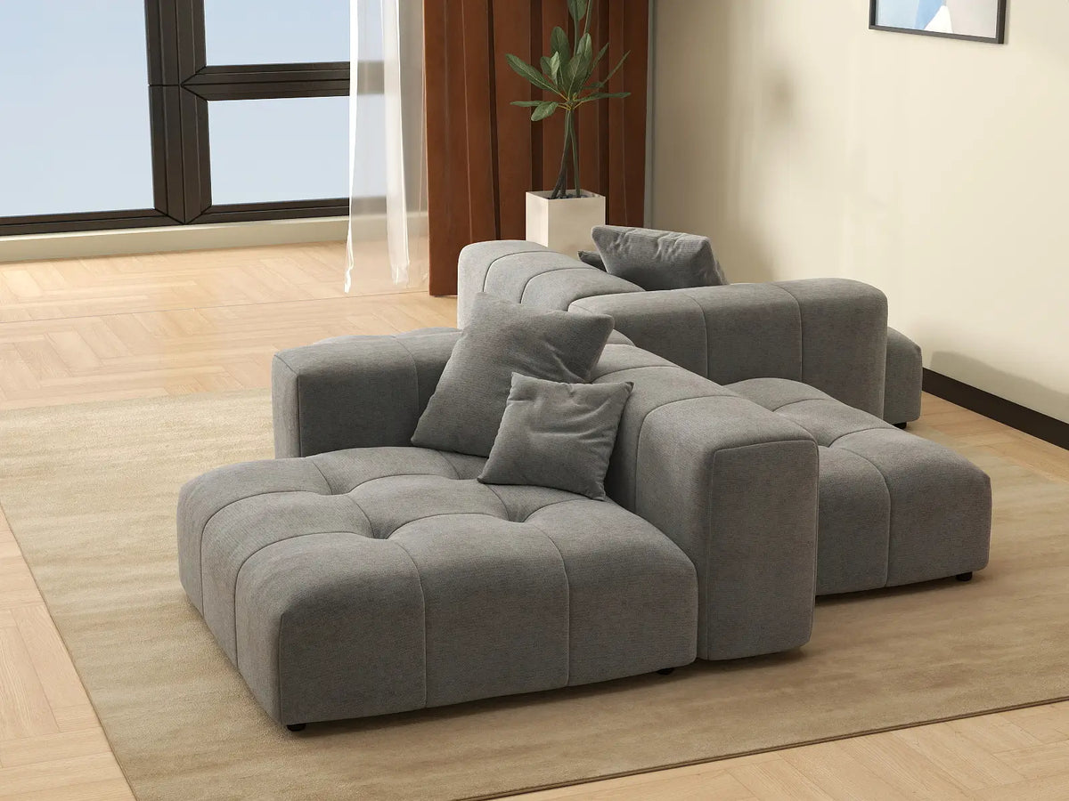 Matrix 2-Seater Symmetrical Sectional in Light-Grey Linen | 4-Piece (Includes 2 Ottomans), Living Room Seating, Contemporary Style