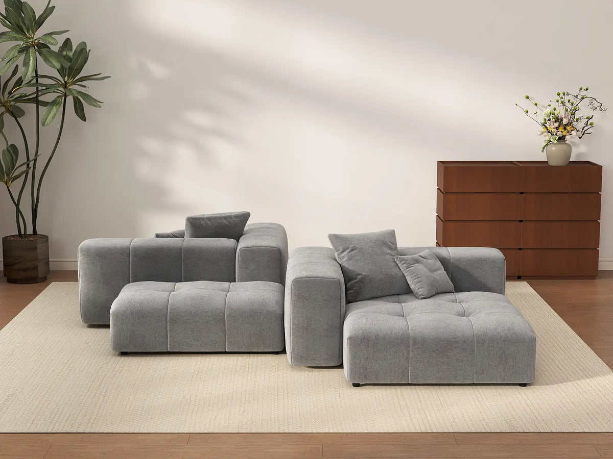 Matrix 2-Seater Symmetrical Sectional in Light-Grey Linen | 4-Piece (Includes 2 Ottomans), Living Room Seating, Contemporary Style