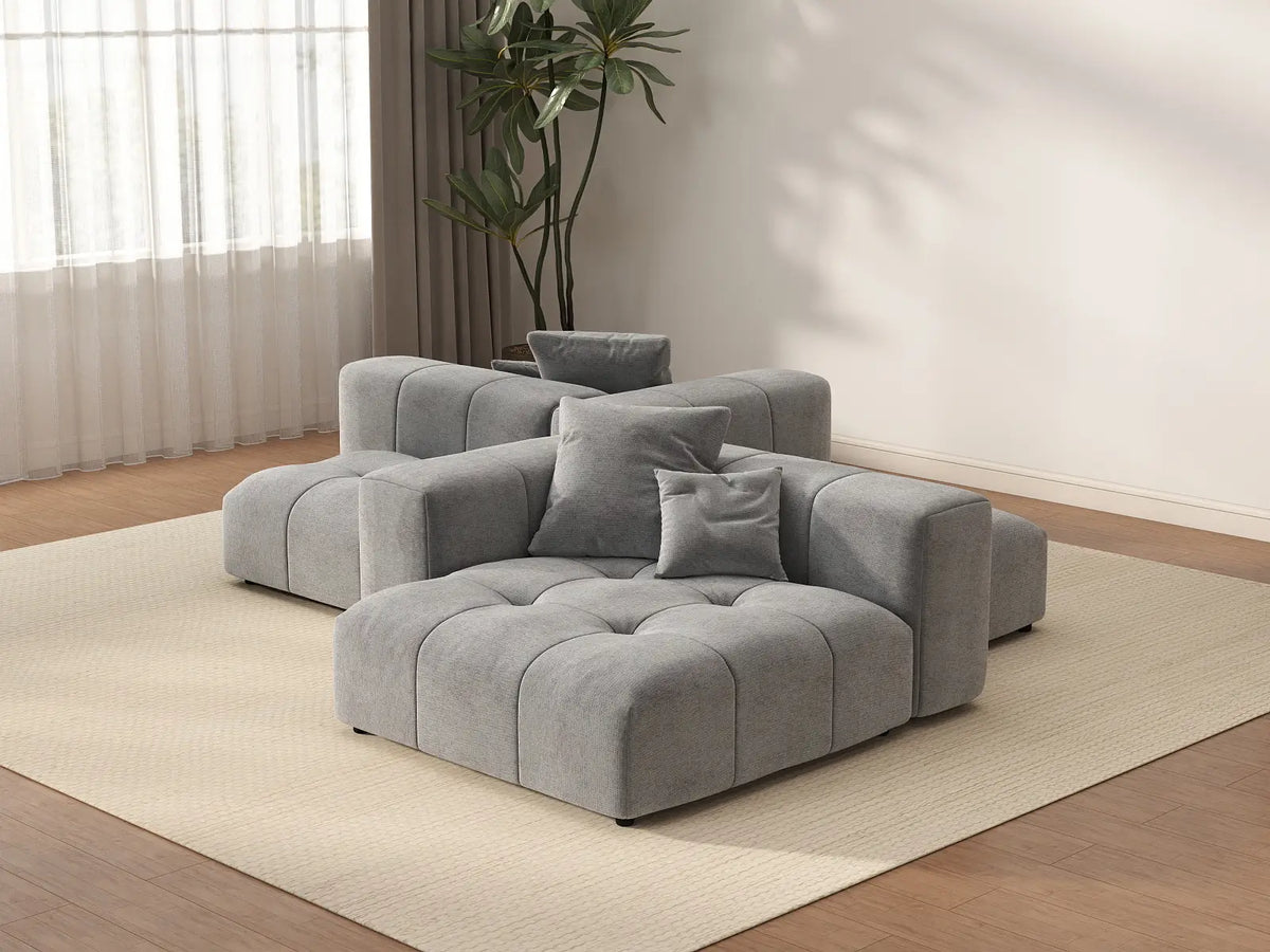 Matrix 2-Seater Symmetrical Sectional in Light-Grey Linen | 4-Piece (Includes 2 Ottomans), Living Room Seating, Contemporary Style