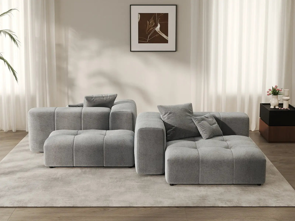 Matrix 2-Seater Symmetrical Sectional in Light-Grey Linen | 4-Piece (Includes 2 Ottomans), Living Room Seating, Contemporary Style