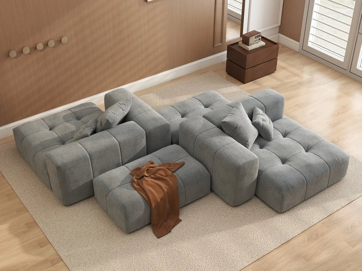 Matrix 2-Seater Symmetrical Sectional in Light-Grey Linen | 4-Piece (Includes 2 Ottomans), Living Room Seating, Contemporary Style
