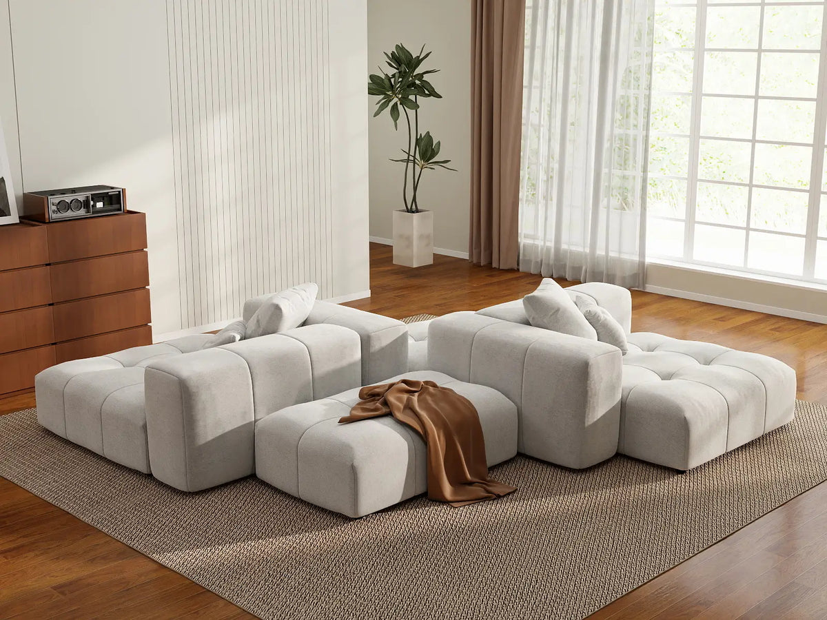 Matrix 2-Seater Symmetrical Sectional in White Linen | 4-Piece (Includes 2 Ottomans), Living Room Seating, Large Space