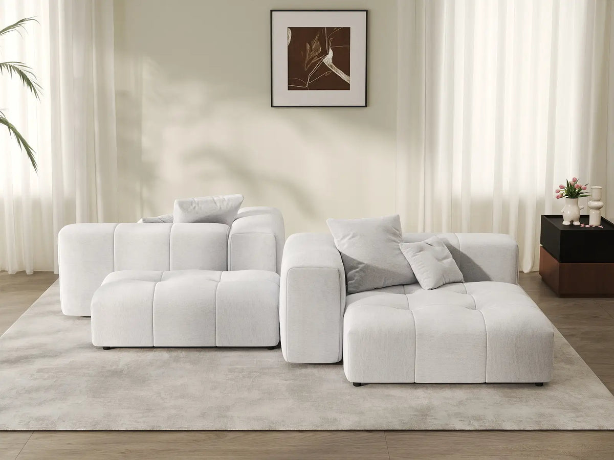 Matrix 2-Seater Symmetrical Sectional in White Linen | 4-Piece (Includes 2 Ottomans), Living Room Seating, Large Space