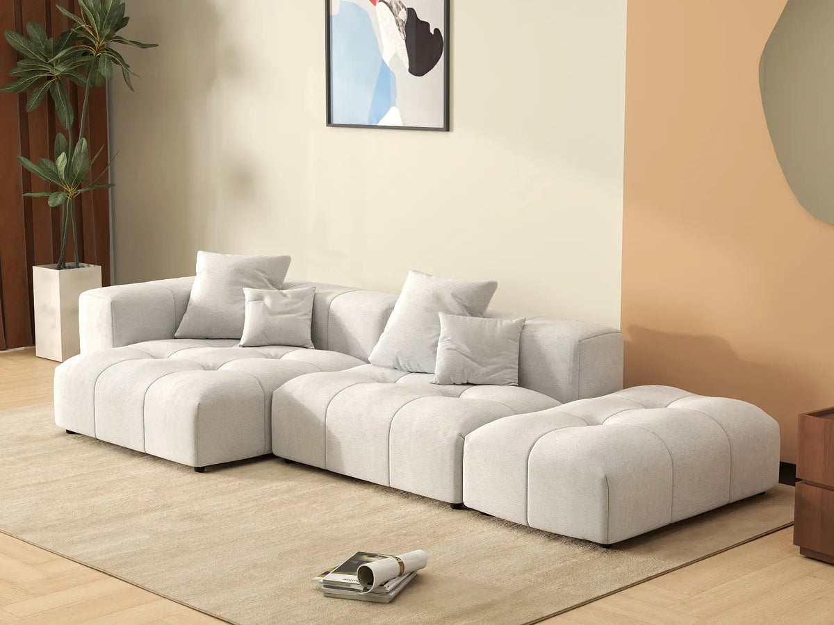 Matrix 2-Seater White Chaise Sectional | 3-Piece (Includes 1 Ottoman), Linen Fabric, Lounge Room Seating