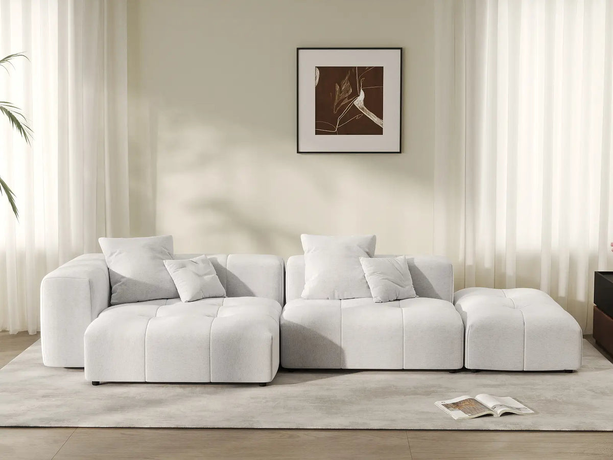 Matrix 2-Seater White Chaise Sectional | 3-Piece (Includes 1 Ottoman), Linen Fabric, Lounge Room Seating