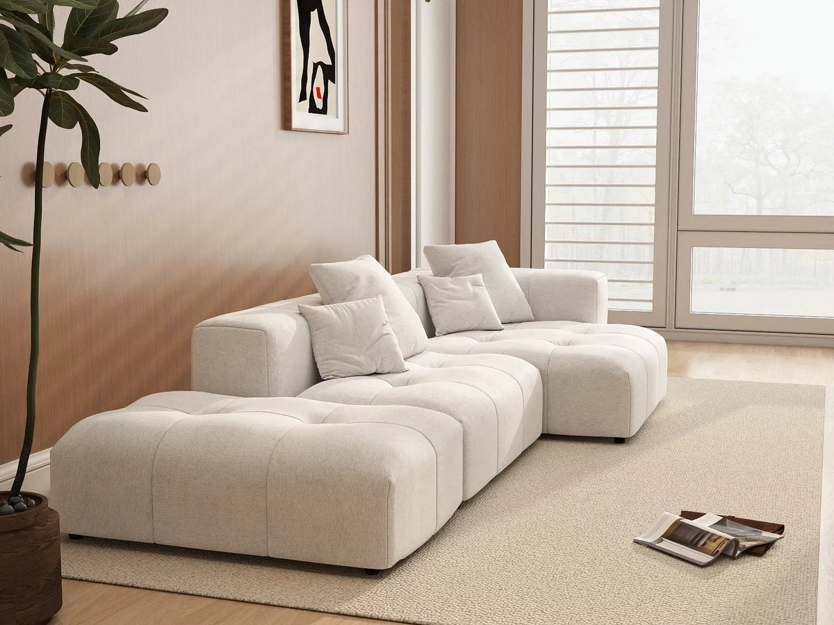 Matrix 2-Seater White Chaise Sectional | 3-Piece (Includes 1 Ottoman), Linen Fabric, Lounge Room Seating