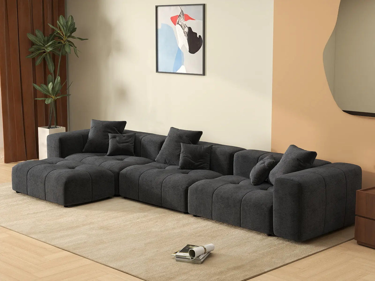Matrix 3-Seater Sofa Set in Black Linen | 4-Piece (Includes 1 Ottoman), Modern Style