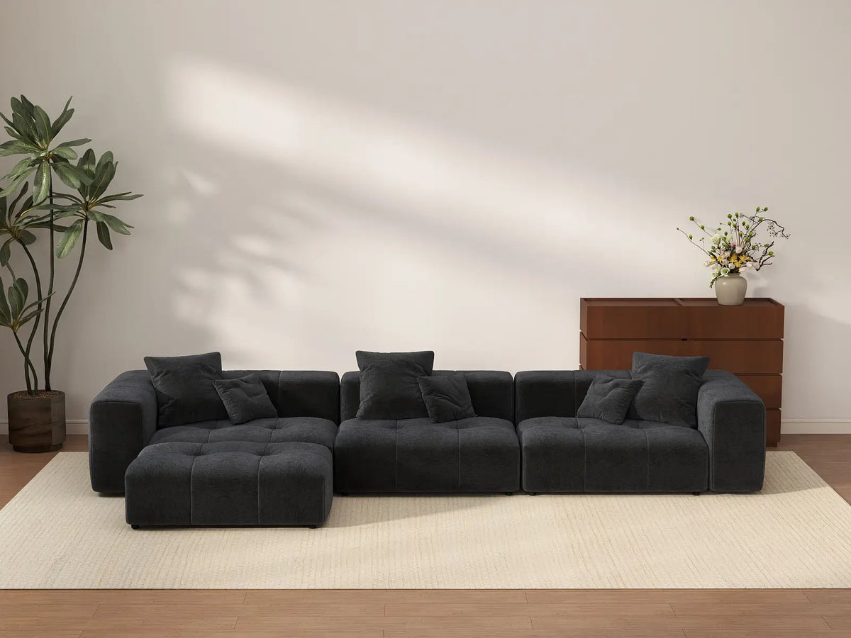 Matrix 3-Seater Sofa Set in Black Linen | 4-Piece (Includes 1 Ottoman), Modern Style