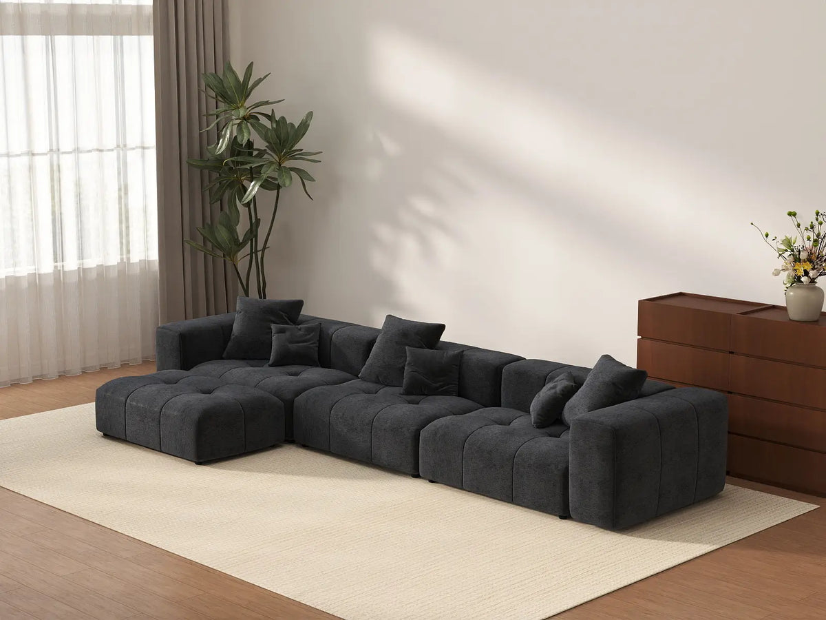 Matrix 3-Seater Sofa Set in Black Linen | 4-Piece (Includes 1 Ottoman), Modern Style
