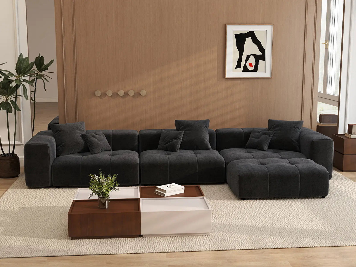 Matrix 3-Seater Sofa Set in Black Linen | 4-Piece (Includes 1 Ottoman), Modern Style