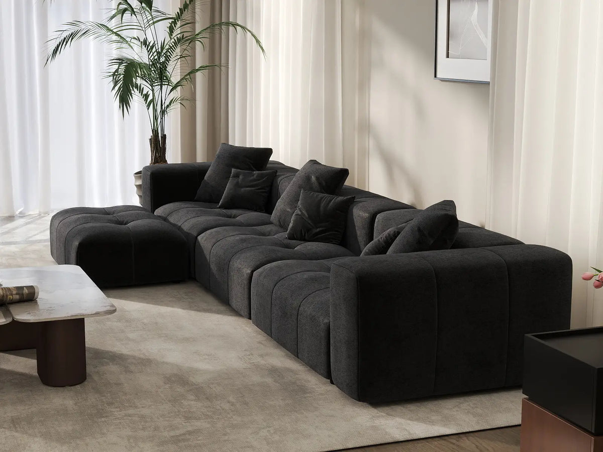 Matrix 3-Seater Sofa Set in Black Linen | 4-Piece (Includes 1 Ottoman), Modern Style