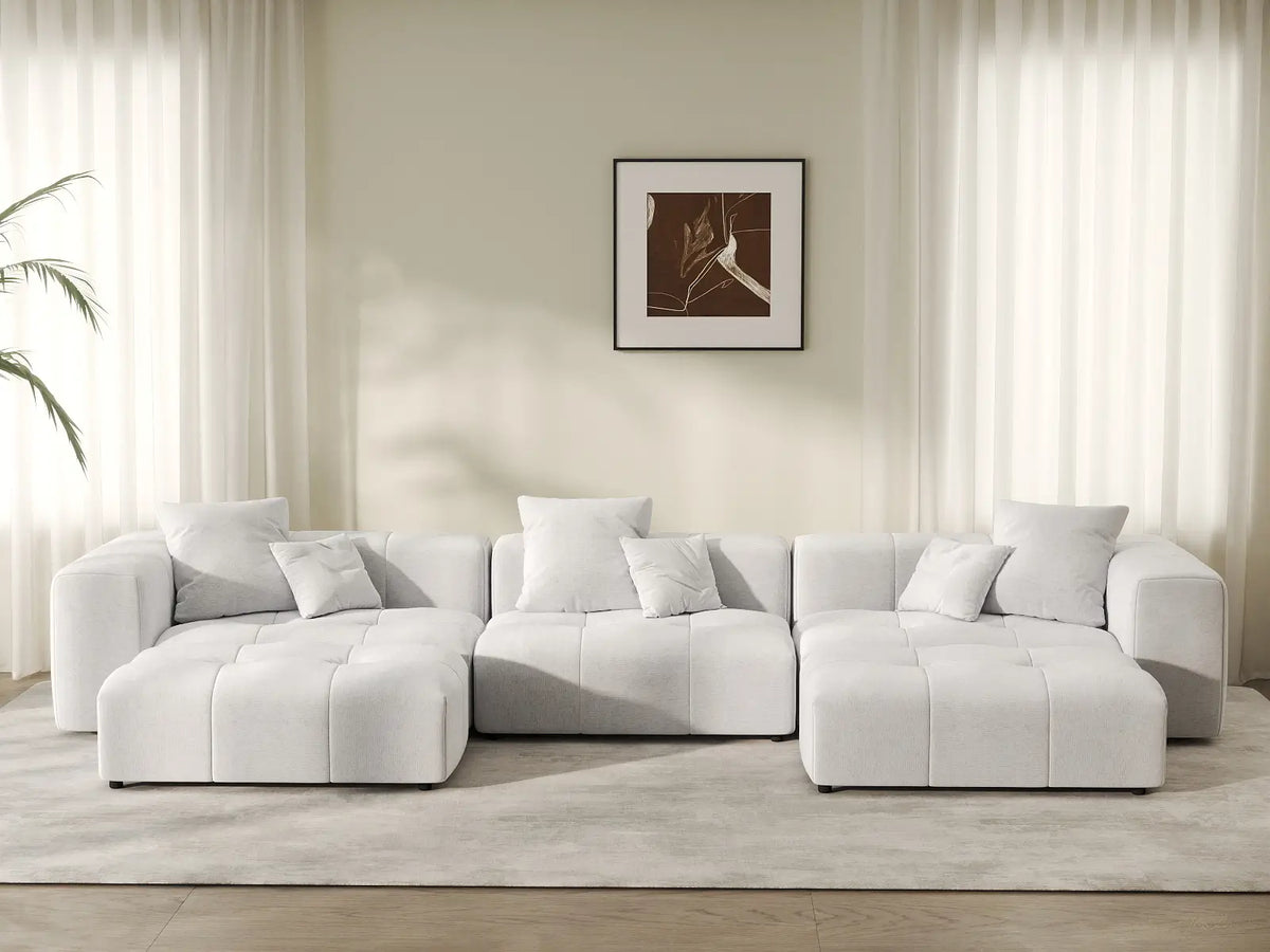 Matrix 3-Seater U-Shaped Sectional in White Linen | 5-Piece (Includes 2 Ottomans), Family Room Seating, Modular Design