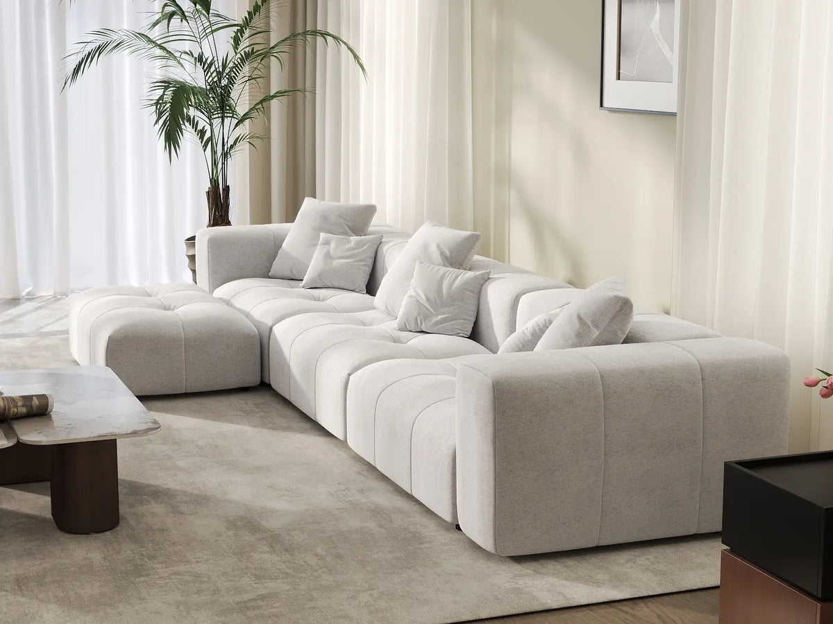 Matrix 3-Seater White Sofa Set | 4-Piece (Includes 1 Ottoman), Linen Fabric