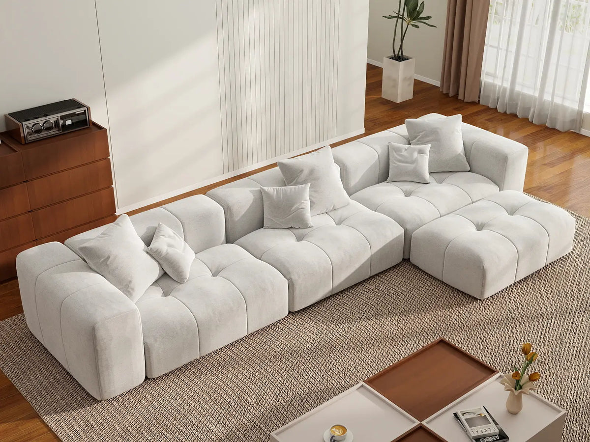 Matrix 3-Seater White Sofa Set | 4-Piece (Includes 1 Ottoman), Linen Fabric