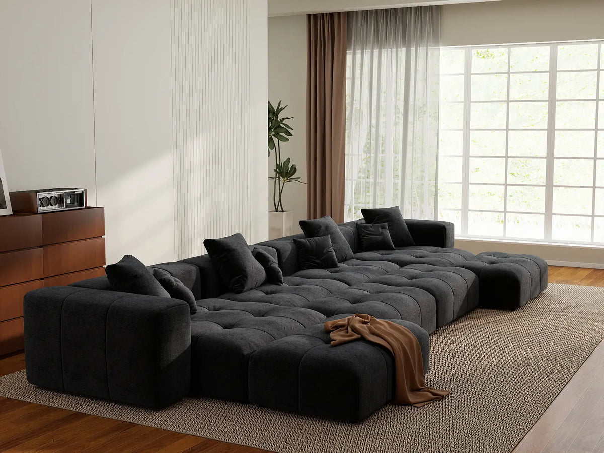 Matrix 4-Seater Black Linen Pit Sectional | 8-Piece (Includes 4 Ottomans), Modular Design