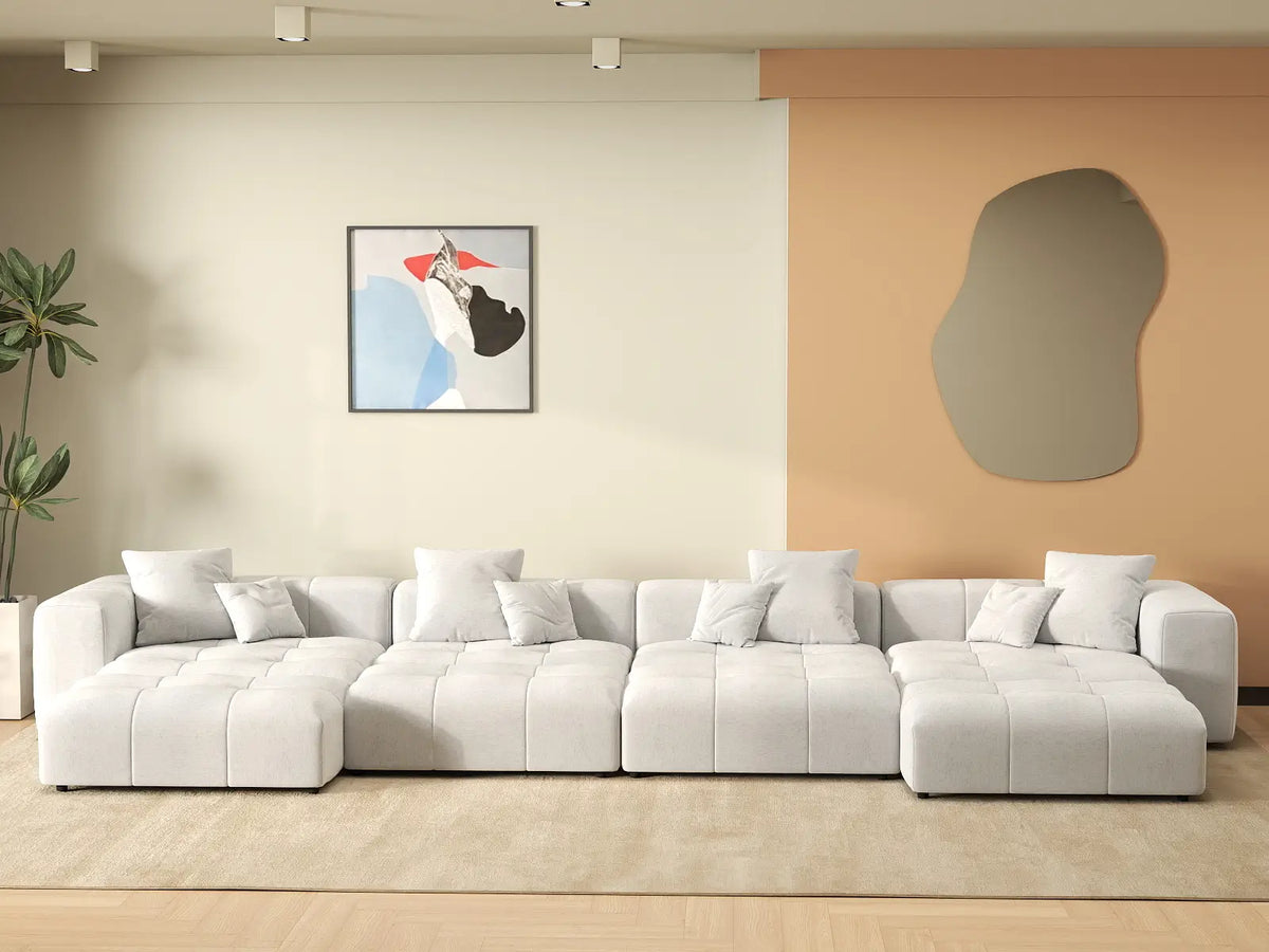 Matrix 4-Seater White Open Space Pit Sectional | 8-Piece (Includes 4 Ottomans), Linen Fabric