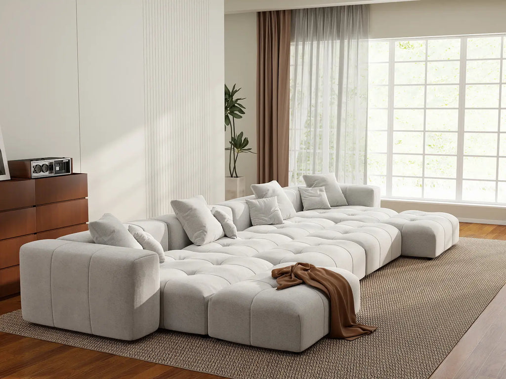 Matrix 4-Seater White Open Space Pit Sectional | 8-Piece (Includes 4 Ottomans), Linen Fabric