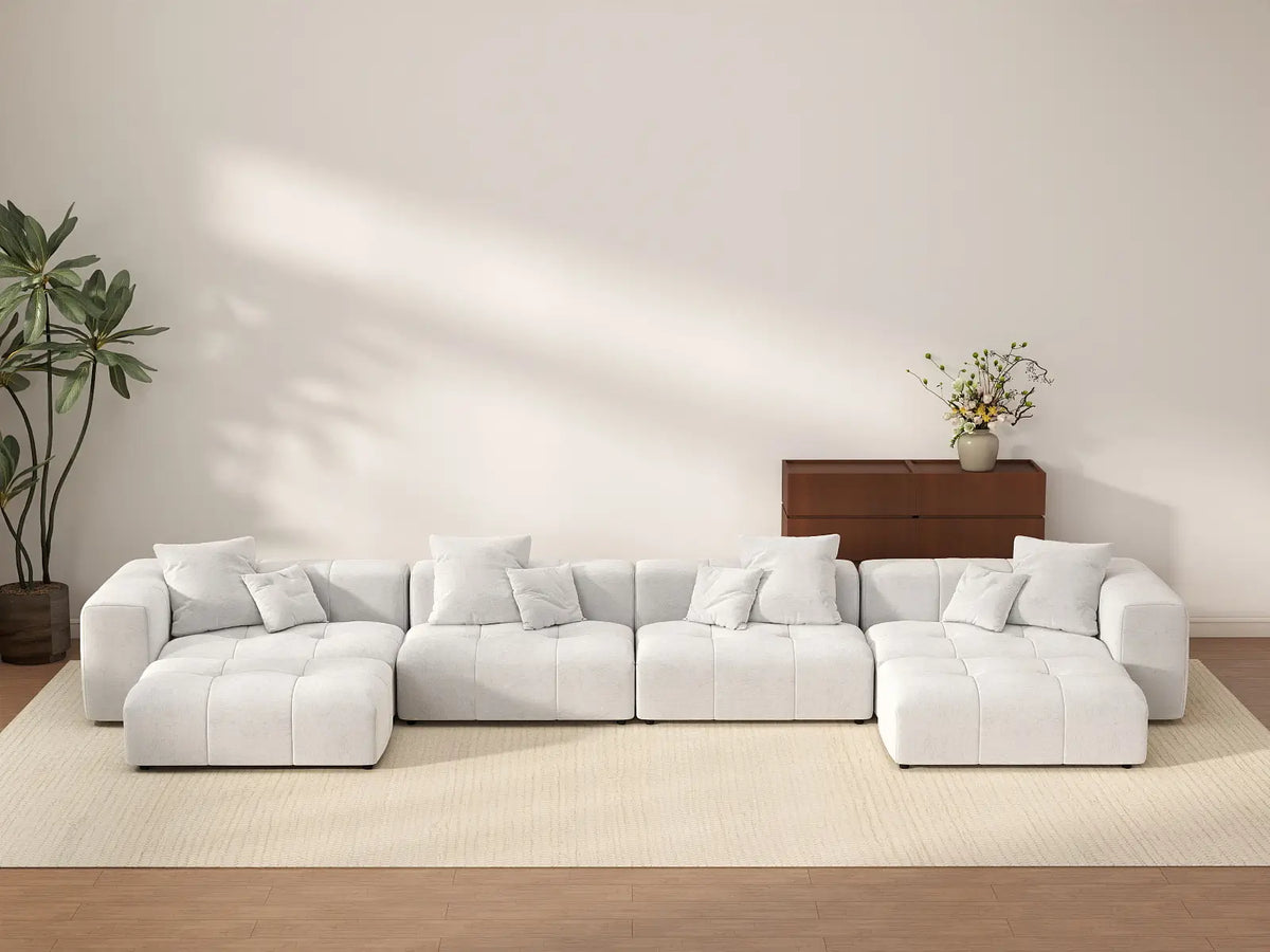 Matrix 4-Seater White U-Shaped Sectional | 6-Piece (Includes 2 Ottomans), Linen Fabric, Family Room Seating