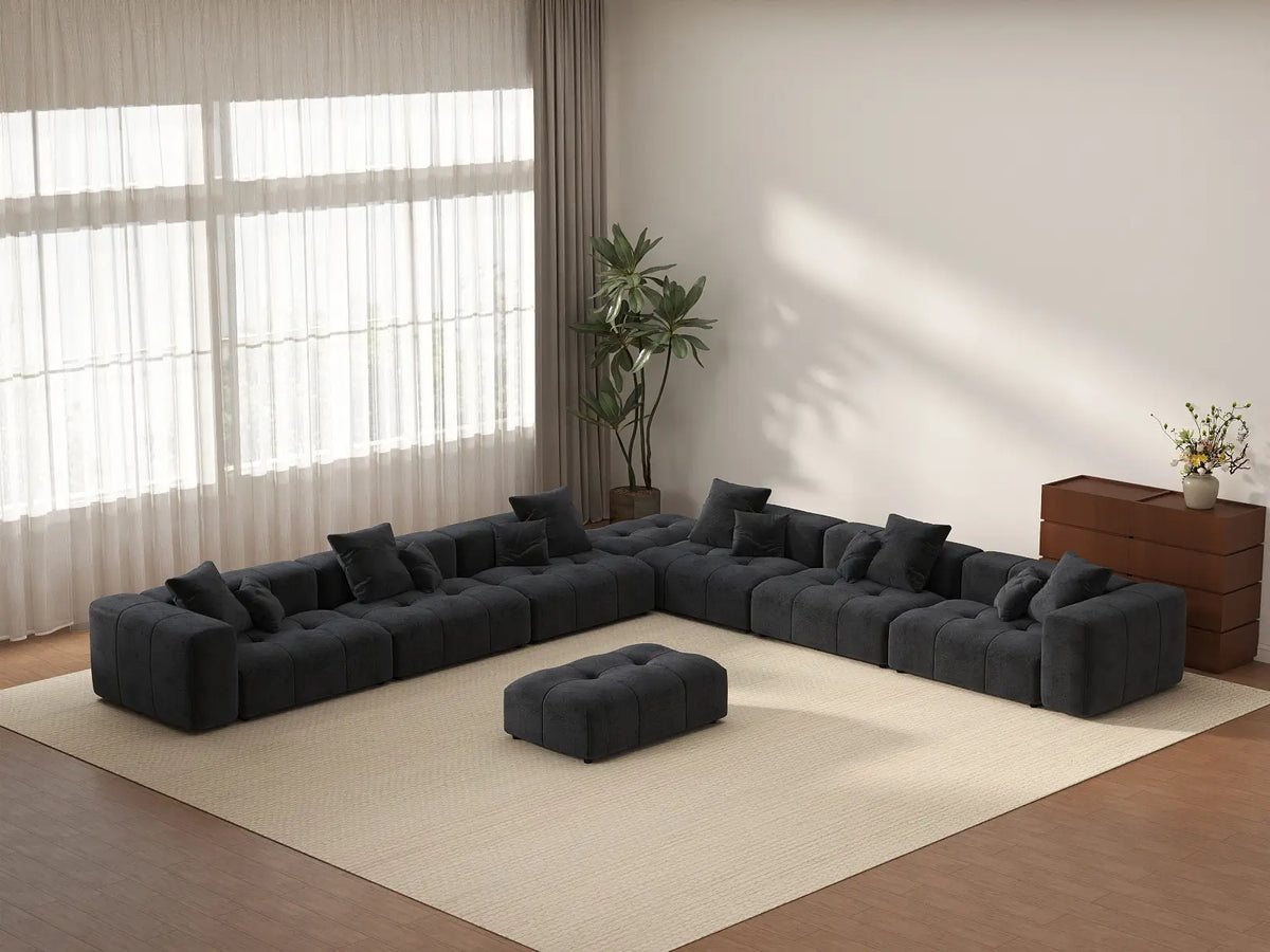 Matrix 6-Seater Black Linen Sofa Set | 8-Piece (Includes 2 Ottomans), Stylish Design