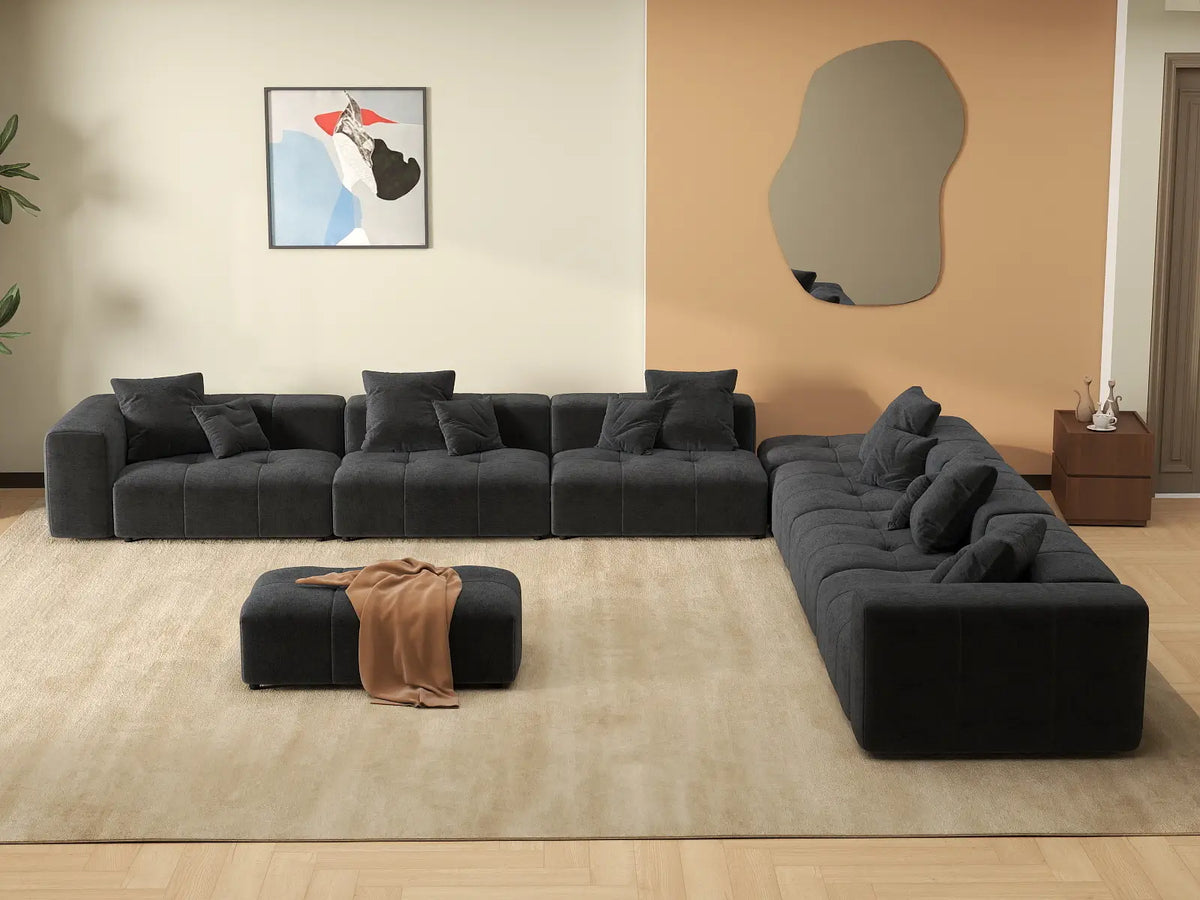Matrix 6-Seater Black Linen Sofa Set | 8-Piece (Includes 2 Ottomans), Stylish Design