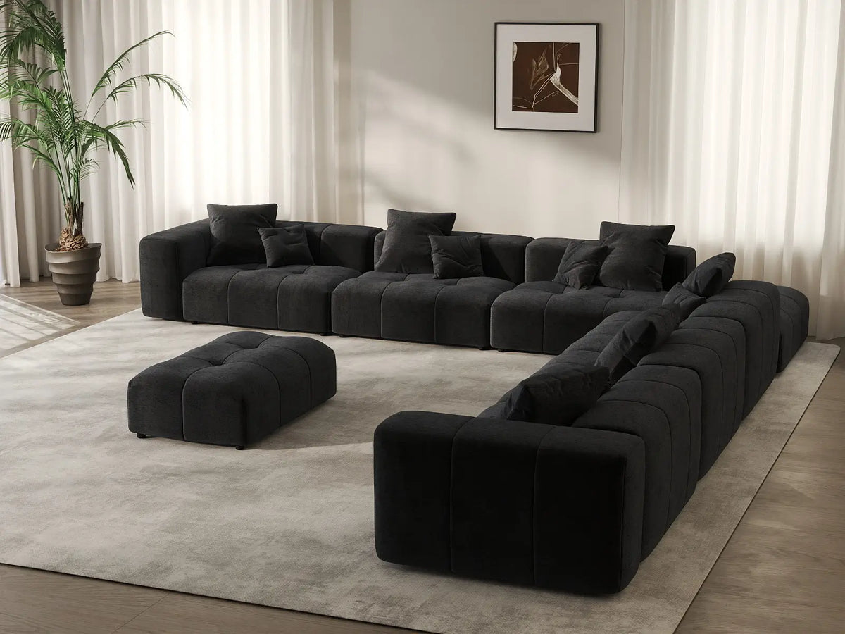 Matrix 6-Seater Black Linen Sofa Set | 8-Piece (Includes 2 Ottomans), Stylish Design