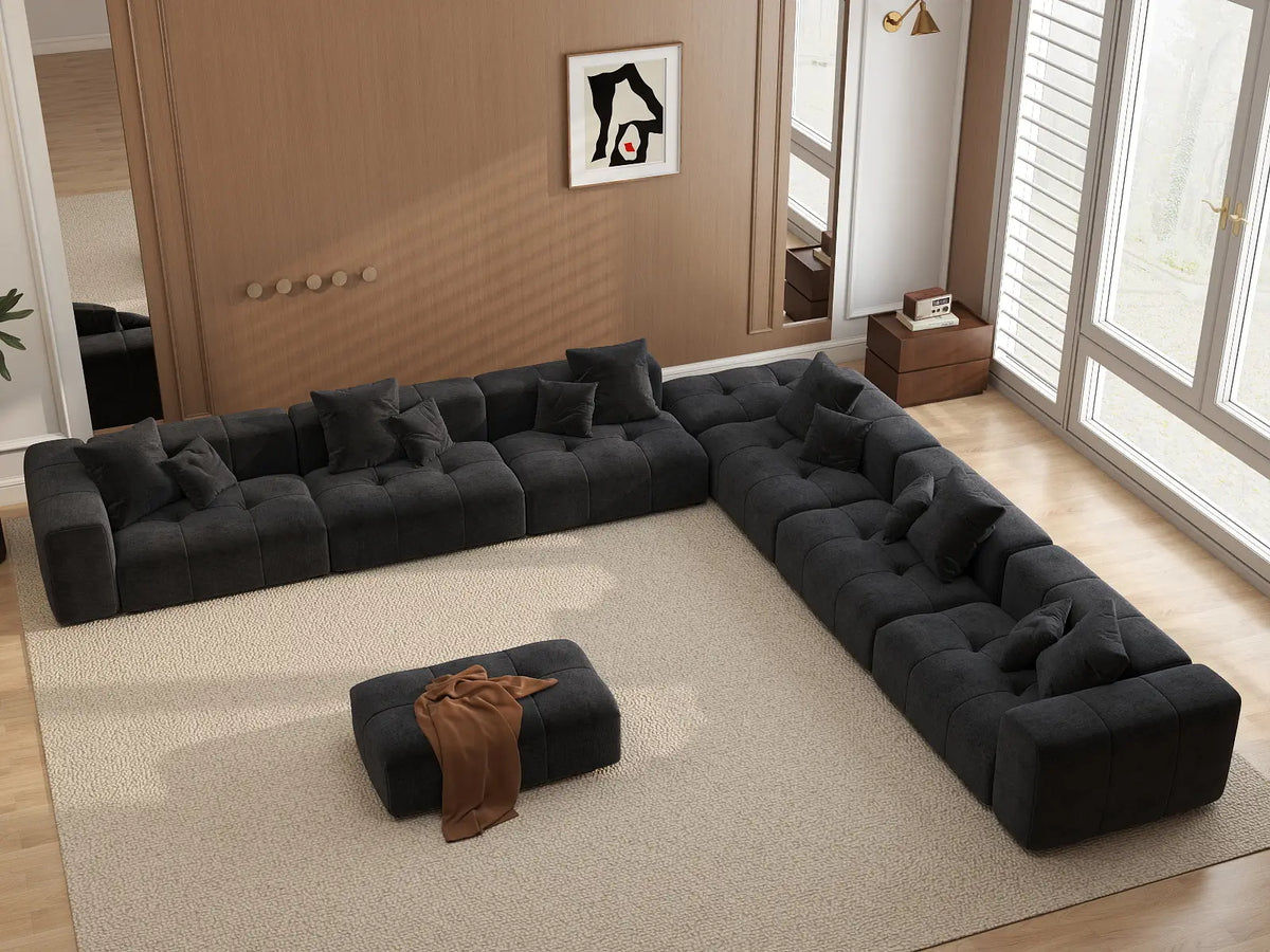 Matrix 6-Seater Black Linen Sofa Set | 8-Piece (Includes 2 Ottomans), Stylish Design