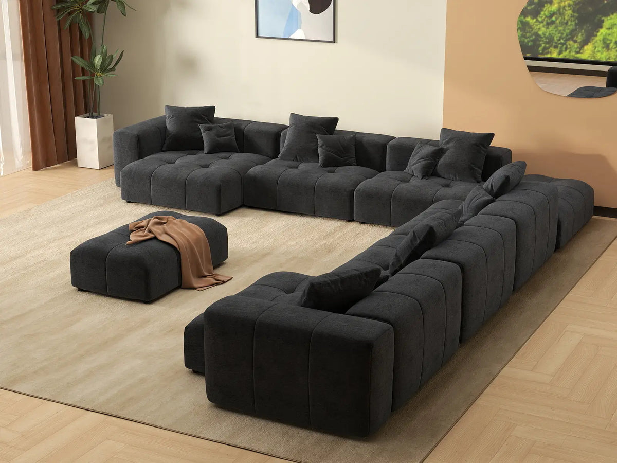 Matrix 6-Seater Black Open Space Sofa Set | 8-Piece (Includes 2 Ottomans), Linen Fabric