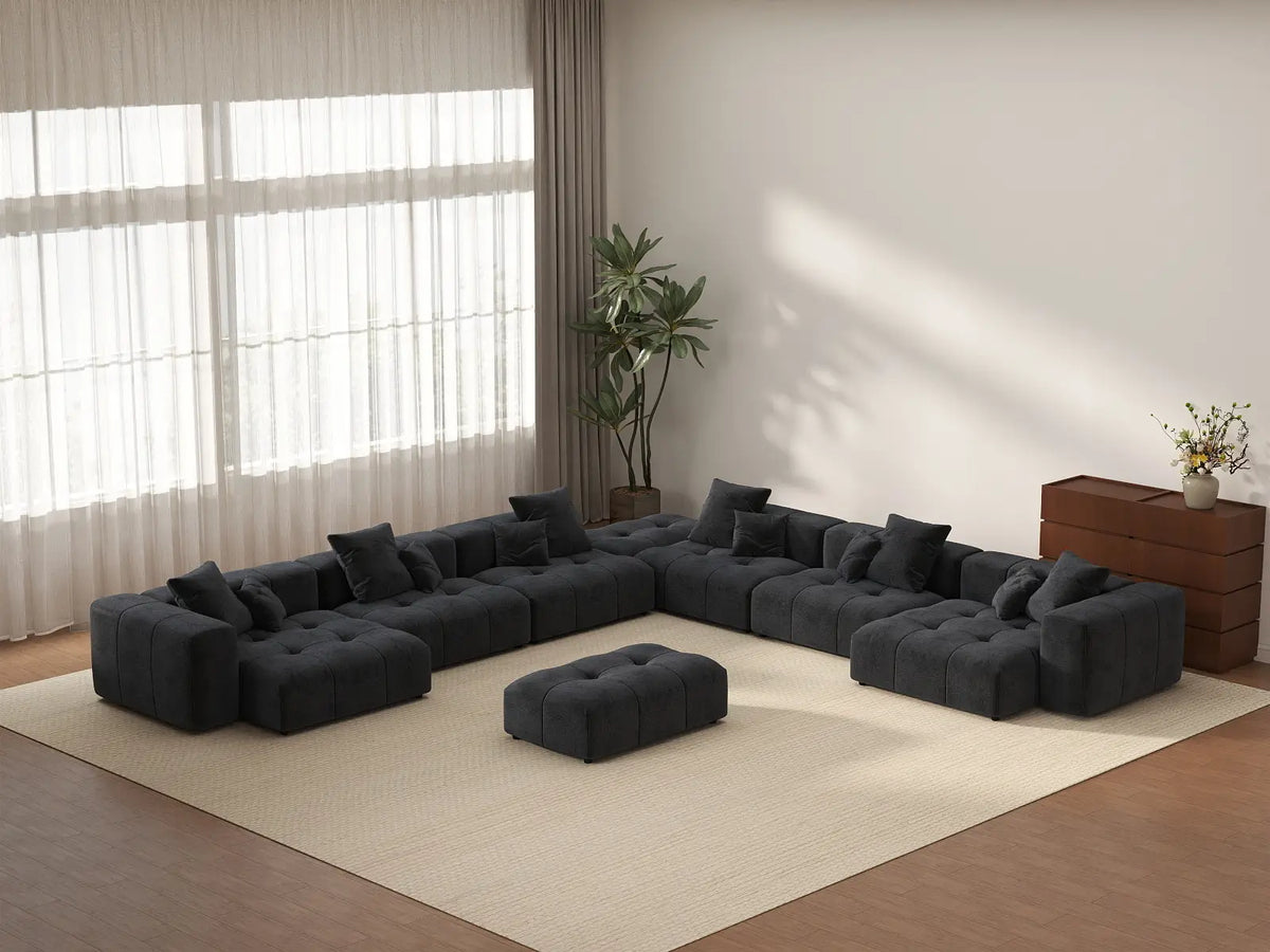 Matrix 6-Seater Black Open Space Sofa Set | 8-Piece (Includes 2 Ottomans), Linen Fabric