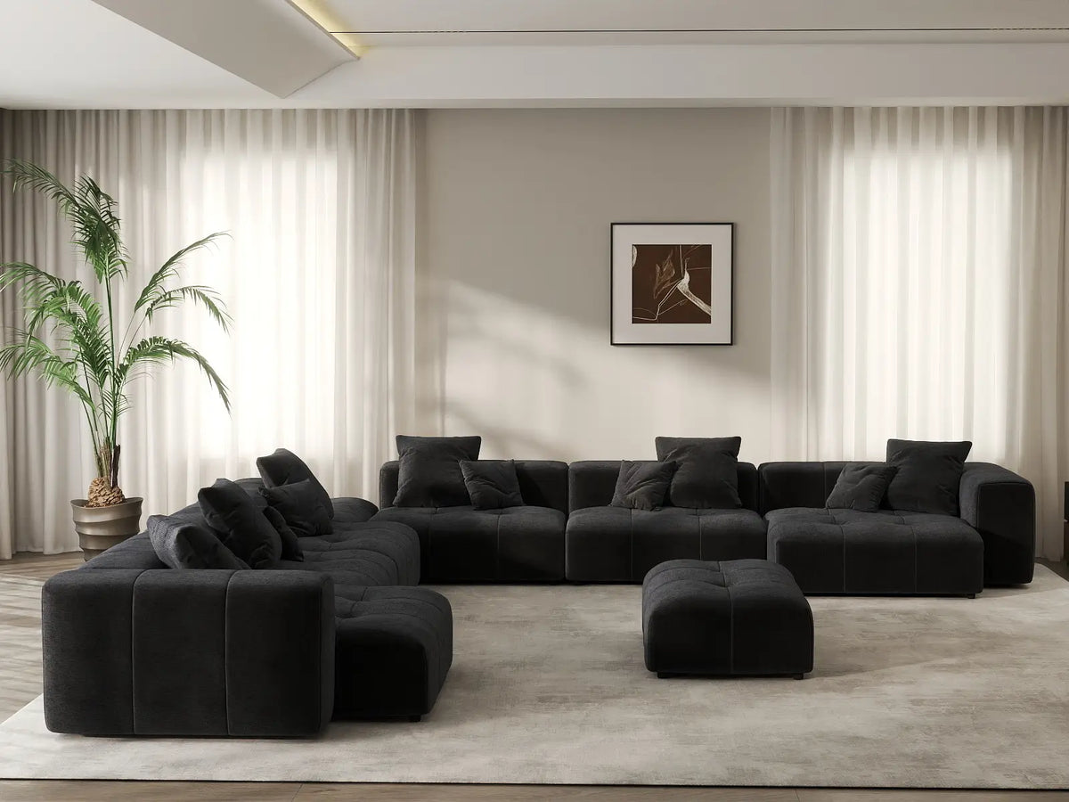 Matrix 6-Seater Black Open Space Sofa Set | 8-Piece (Includes 2 Ottomans), Linen Fabric