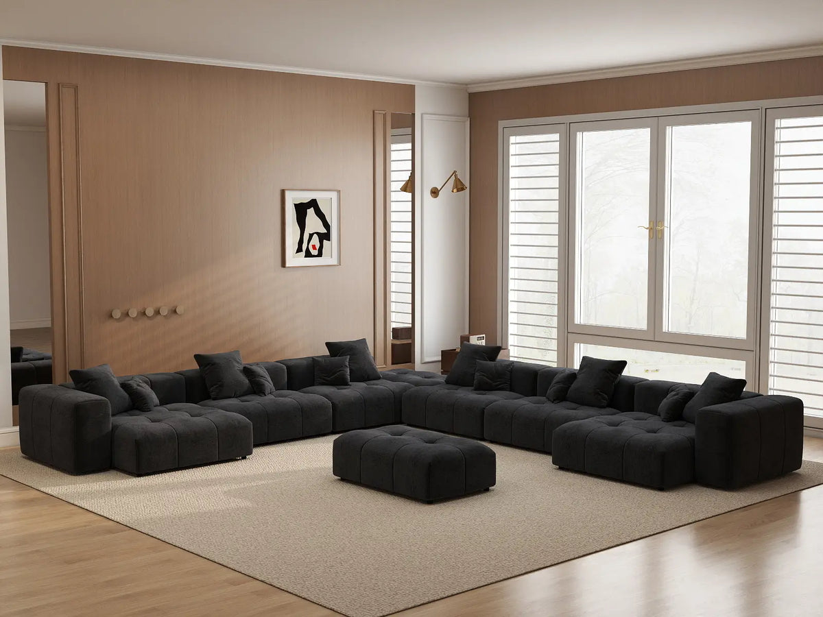 Matrix 6-Seater Black Open Space Sofa Set | 8-Piece (Includes 2 Ottomans), Linen Fabric