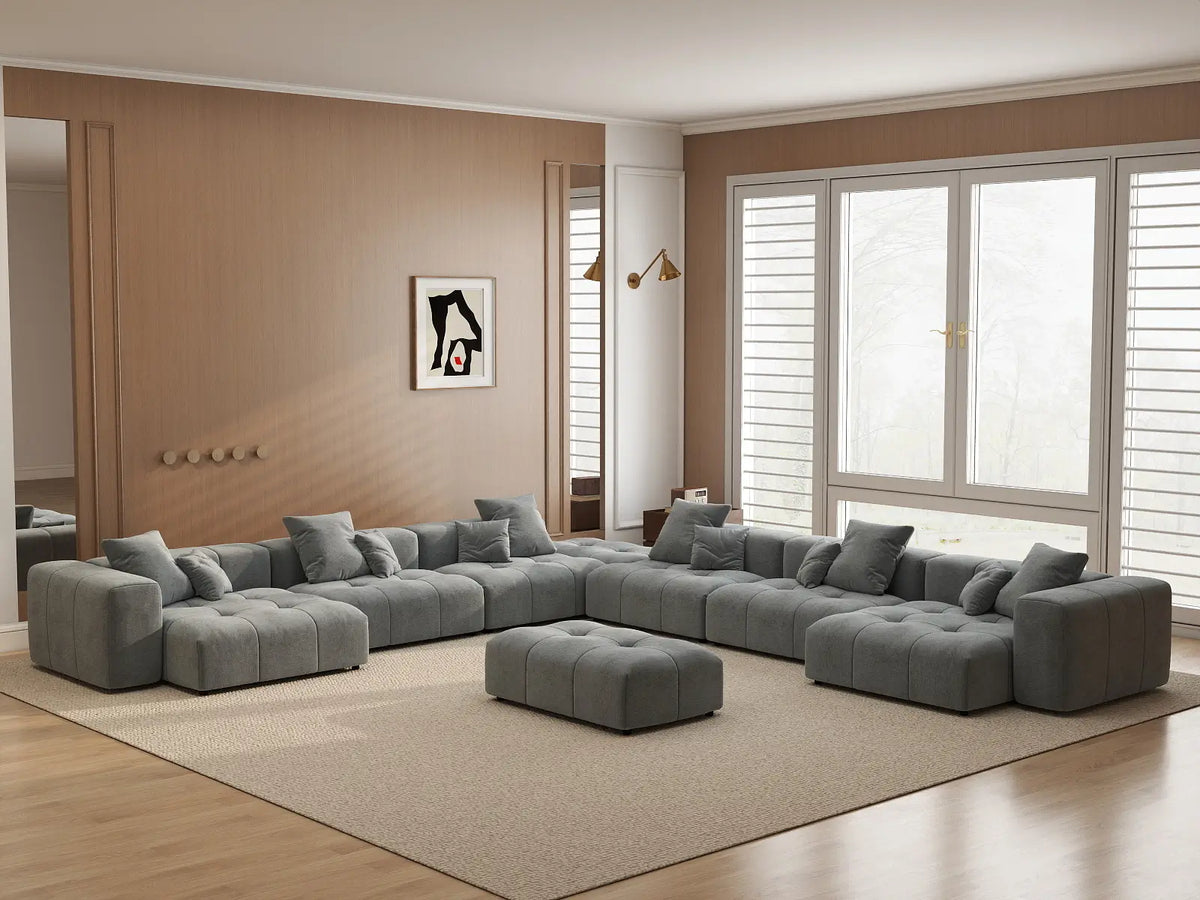 Matrix 6-Seater Light Grey Linen Sofa Set | 8-Piece (Includes 2 Ottomans), Open Space