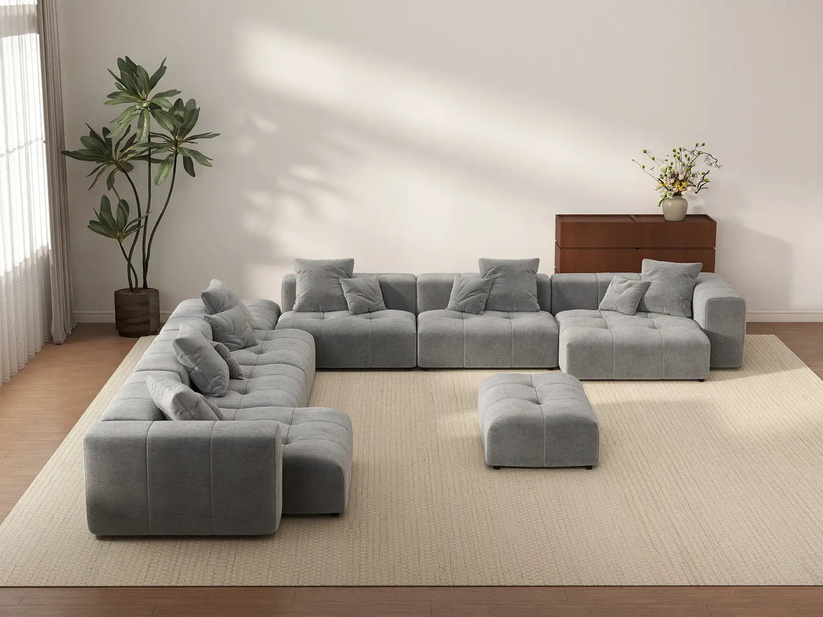 Matrix 6-Seater Light Grey Linen Sofa Set | 8-Piece (Includes 2 Ottomans), Open Space