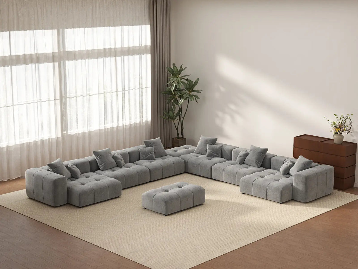 Matrix 6-Seater Light Grey Linen Sofa Set | 8-Piece (Includes 2 Ottomans), Open Space