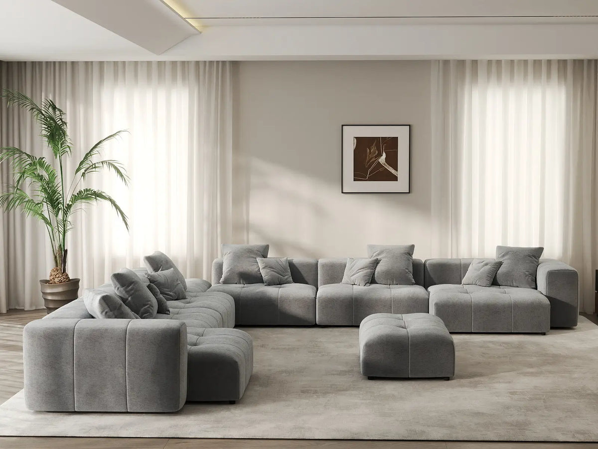 Matrix 6-Seater Light Grey Linen Sofa Set | 8-Piece (Includes 2 Ottomans), Open Space