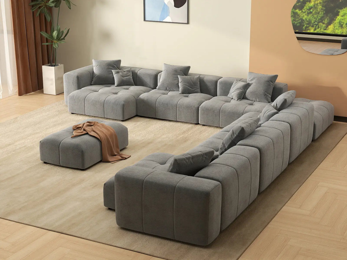 Matrix 6-Seater Light Grey Linen Sofa Set | 8-Piece (Includes 2 Ottomans), Open Space