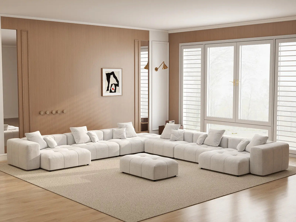 Matrix 6-Seater White Linen Sofa Set | 8-Piece (Includes 2 Ottomans), Modern Style