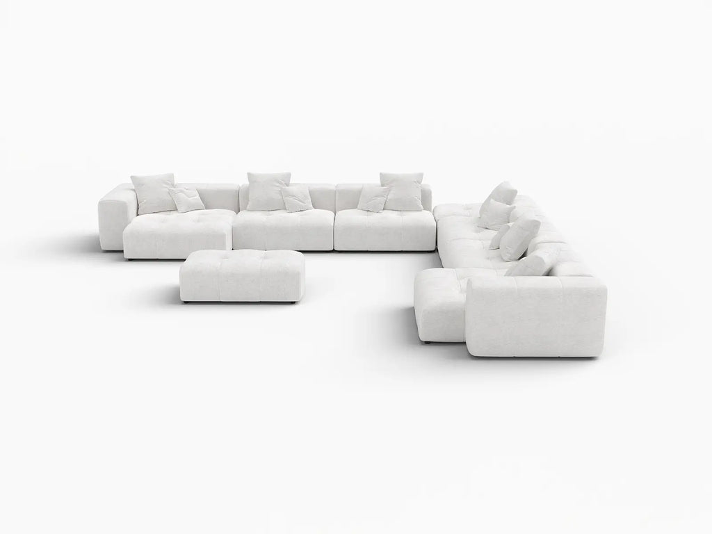 Matrix 6-Seater White Linen Sofa Set | 8-Piece (Includes 2 Ottomans), Modern Style