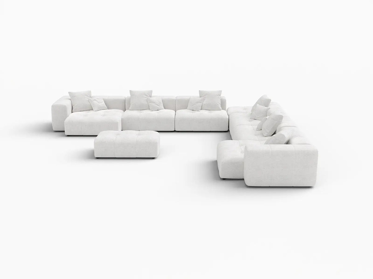Matrix 6-Seater White Linen Sofa Set | 8-Piece (Includes 2 Ottomans), Modern Style