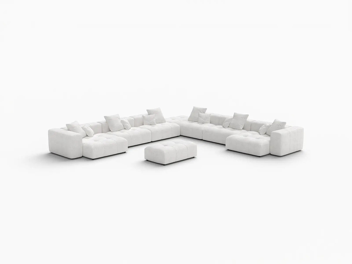 Matrix 6-Seater White Linen Sofa Set | 8-Piece (Includes 2 Ottomans), Modern Style