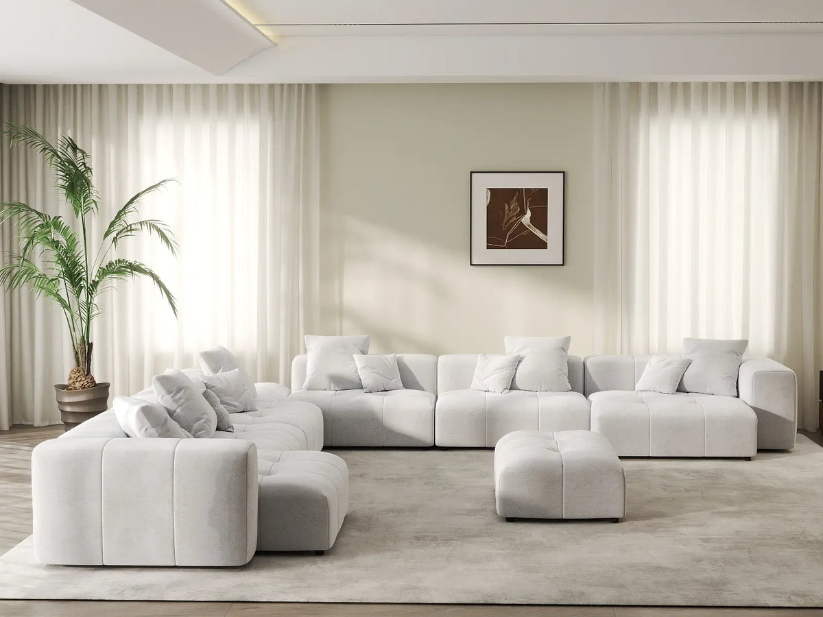 Matrix 6-Seater White Linen Sofa Set | 8-Piece (Includes 2 Ottomans), Modern Style