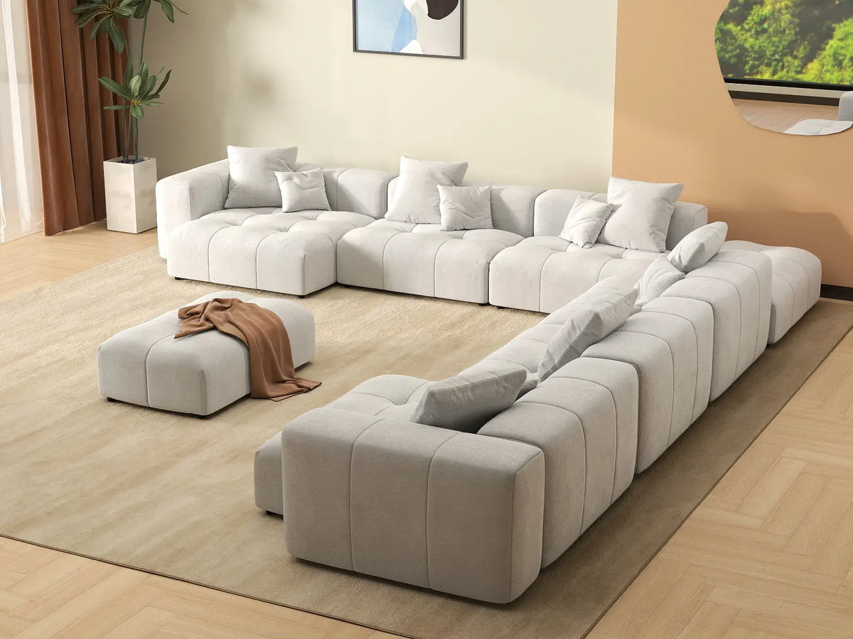 Matrix 6-Seater White Linen Sofa Set | 8-Piece (Includes 2 Ottomans), Modern Style