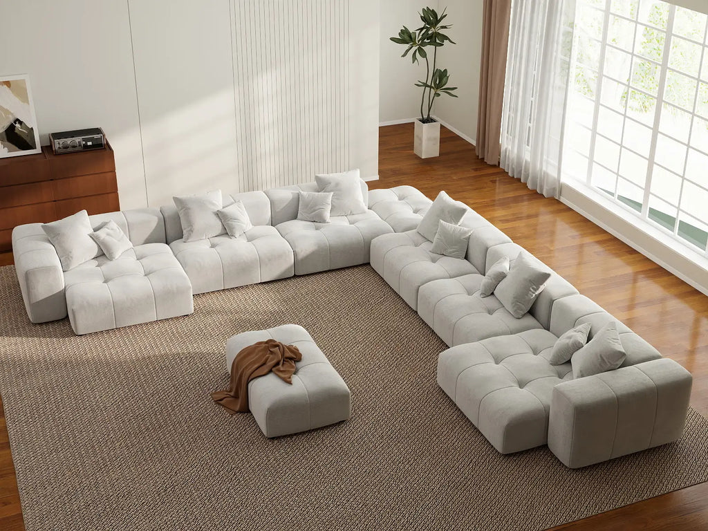 Matrix 6-Seater White Linen Sofa Set | 8-Piece (Includes 2 Ottomans), Modern Style
