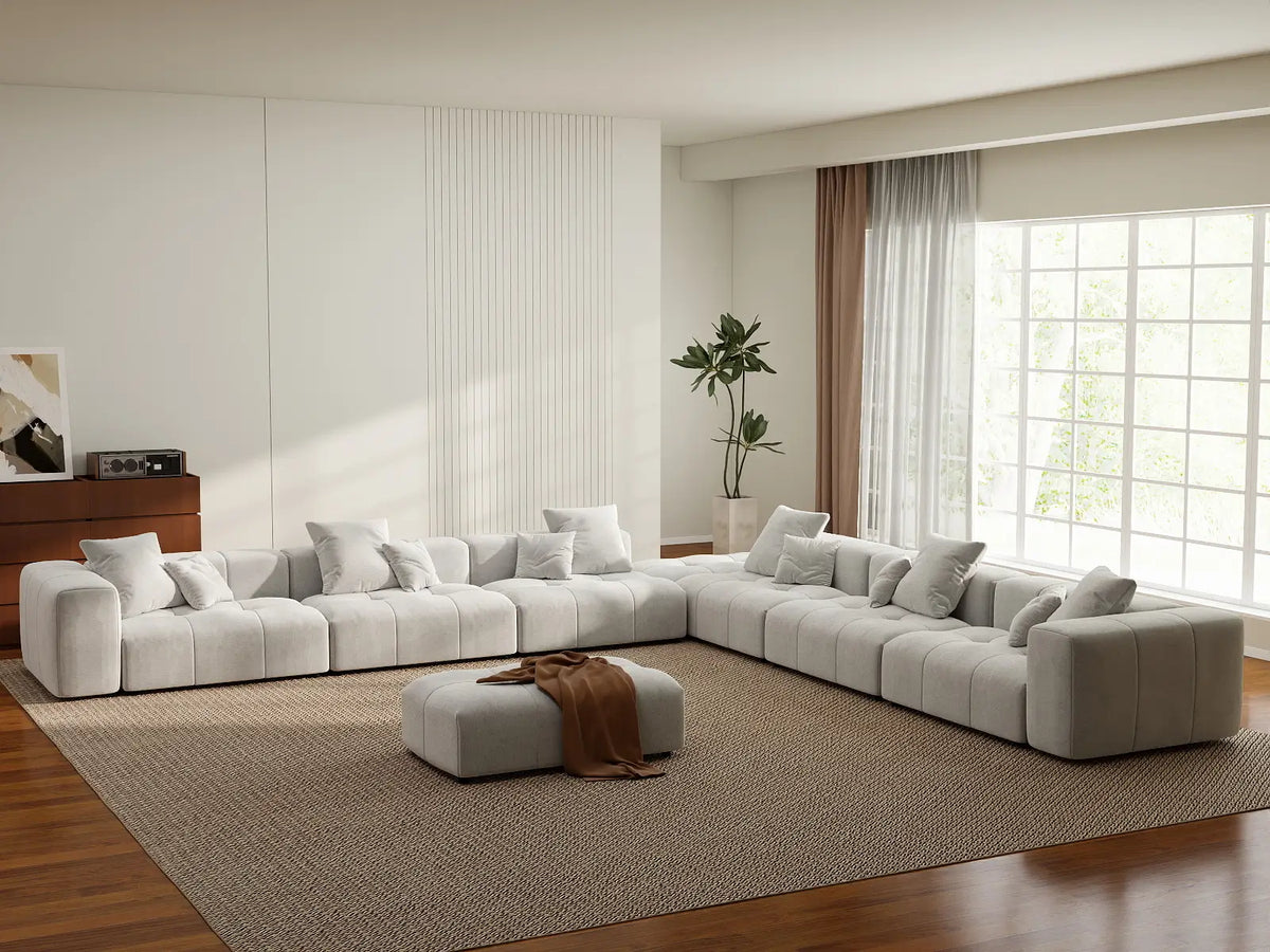 Matrix 6-Seater White Open Space Sofa Set | 8-Piece (Includes 2 Ottomans), Linen Fabric