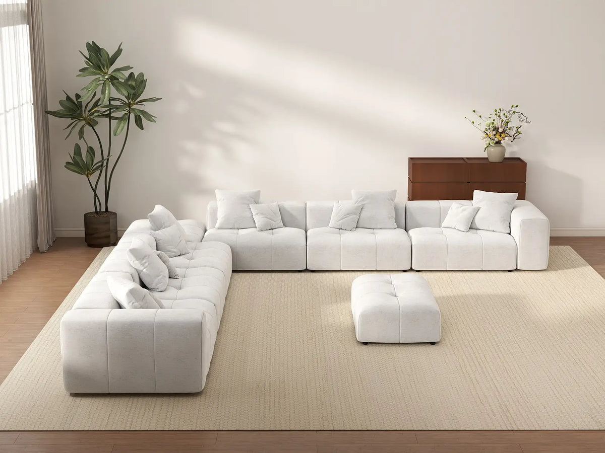 Matrix 6-Seater White Open Space Sofa Set | 8-Piece (Includes 2 Ottomans), Linen Fabric